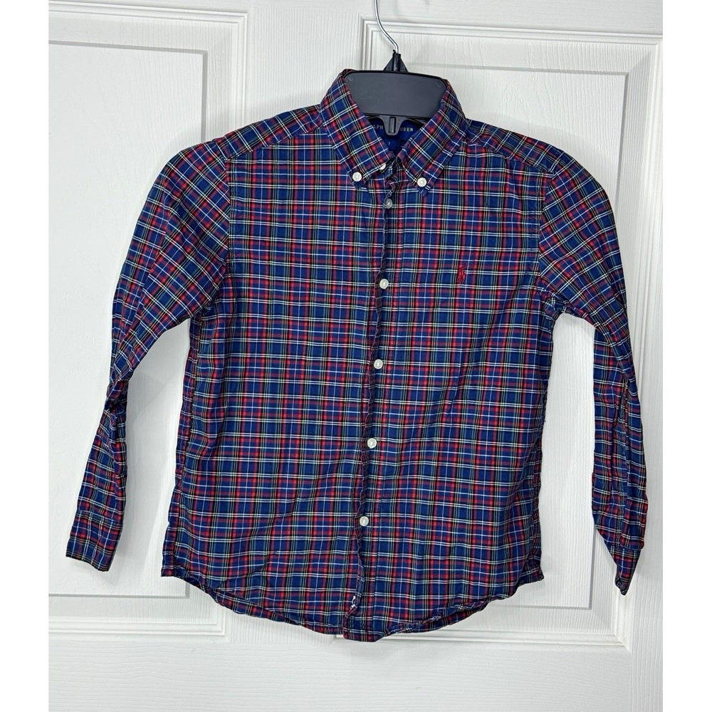 Ralph Lauren Boys 7 Blue Red Plaid Cotton Button-Front Long Sleeve Shirt